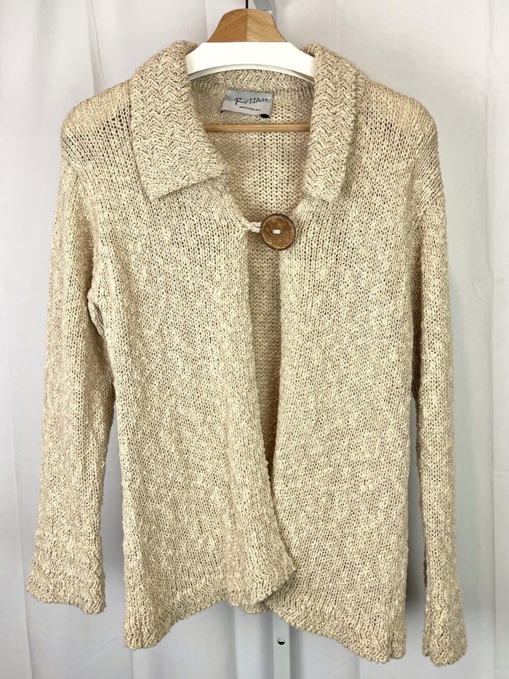 ROSSAN Ireland  EST S Hand Loomed Linen Cotton One Button Cardigan Sweater Beige
